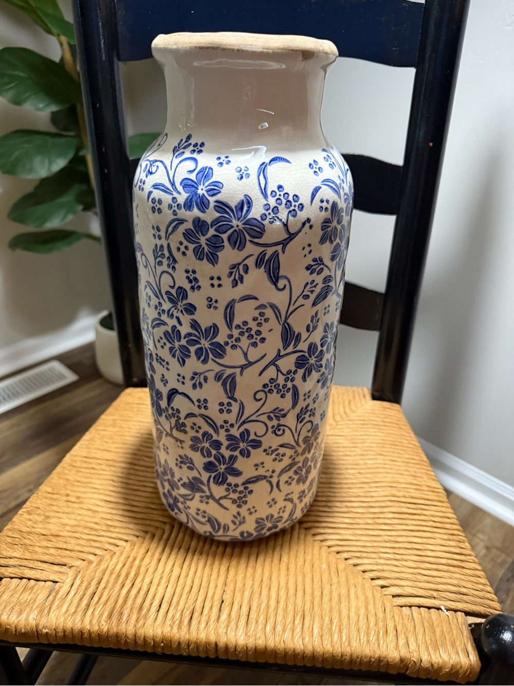 Blue Floral Ceramic Vase with Crackle Finish